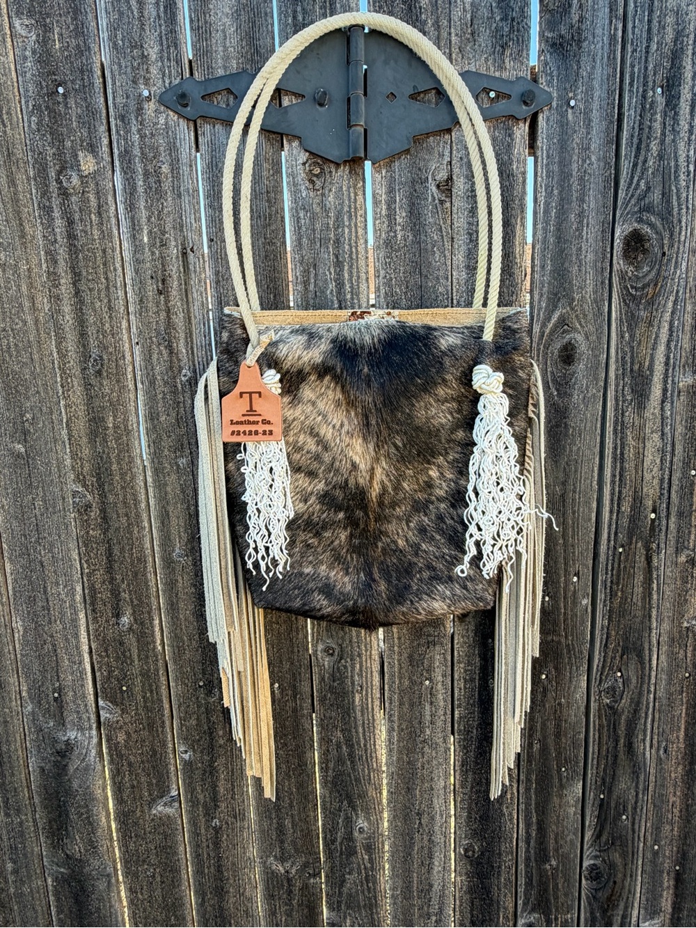 Cowhide Fringe Shoulder Bag in Brown and Cream w/ Rope Straps
